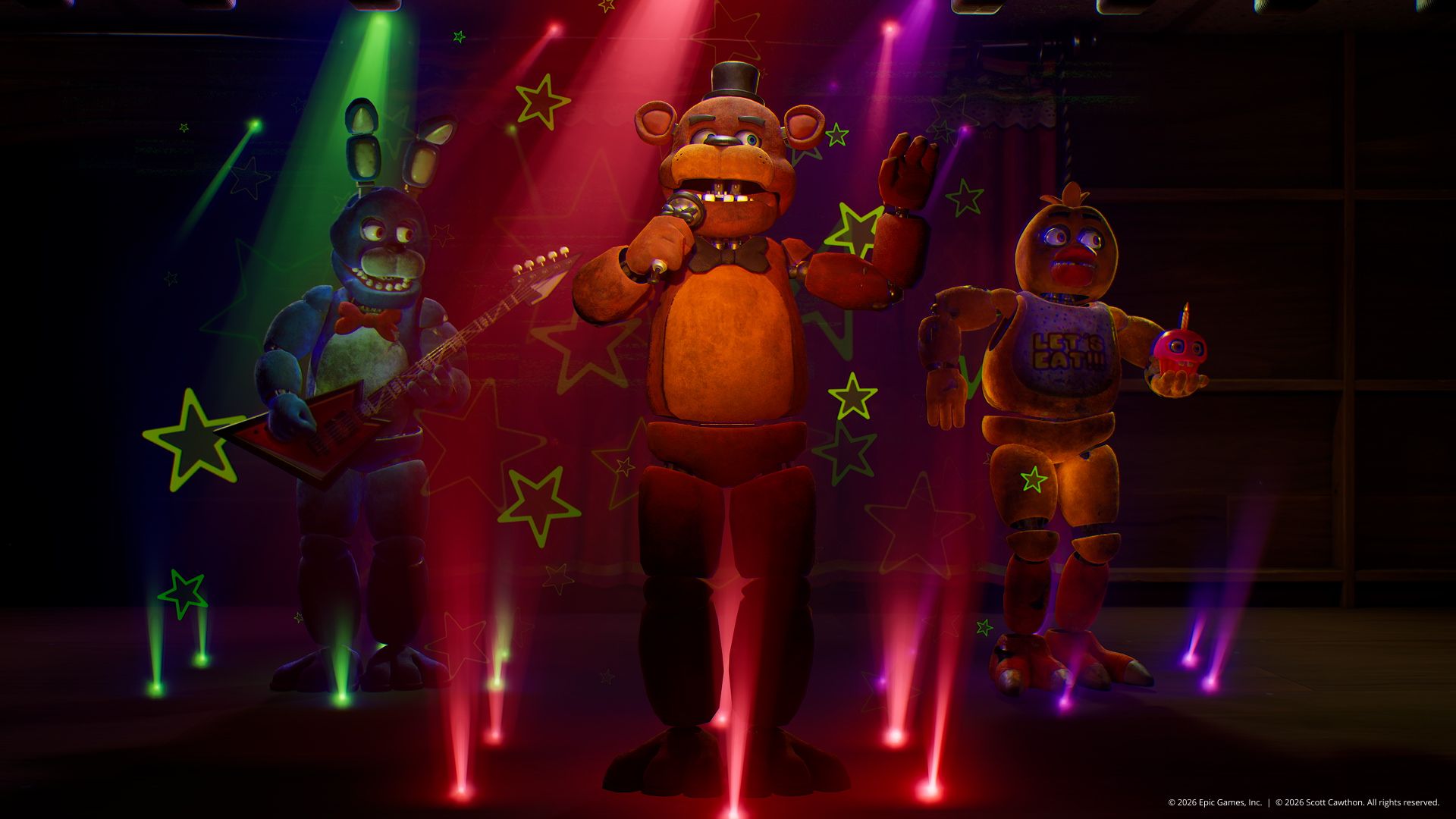 Bonnie, Freddy and Chica animatronics on a stage in Epic’s Fortnitemares 2026 artwork.