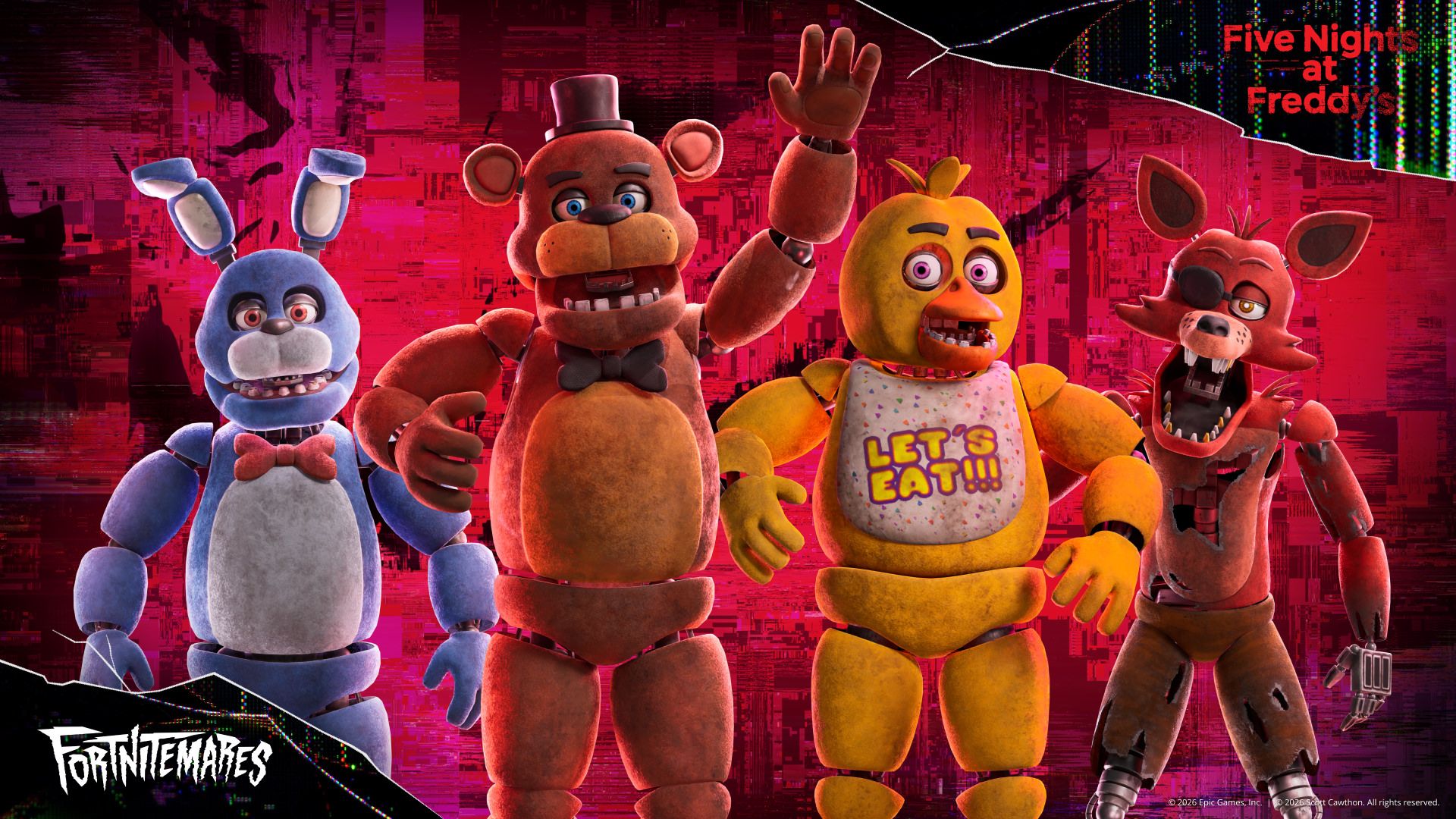Official artwork showing Bonnie, Freddy, Chica and Foxy Outfits for Fortnitemares 2026.