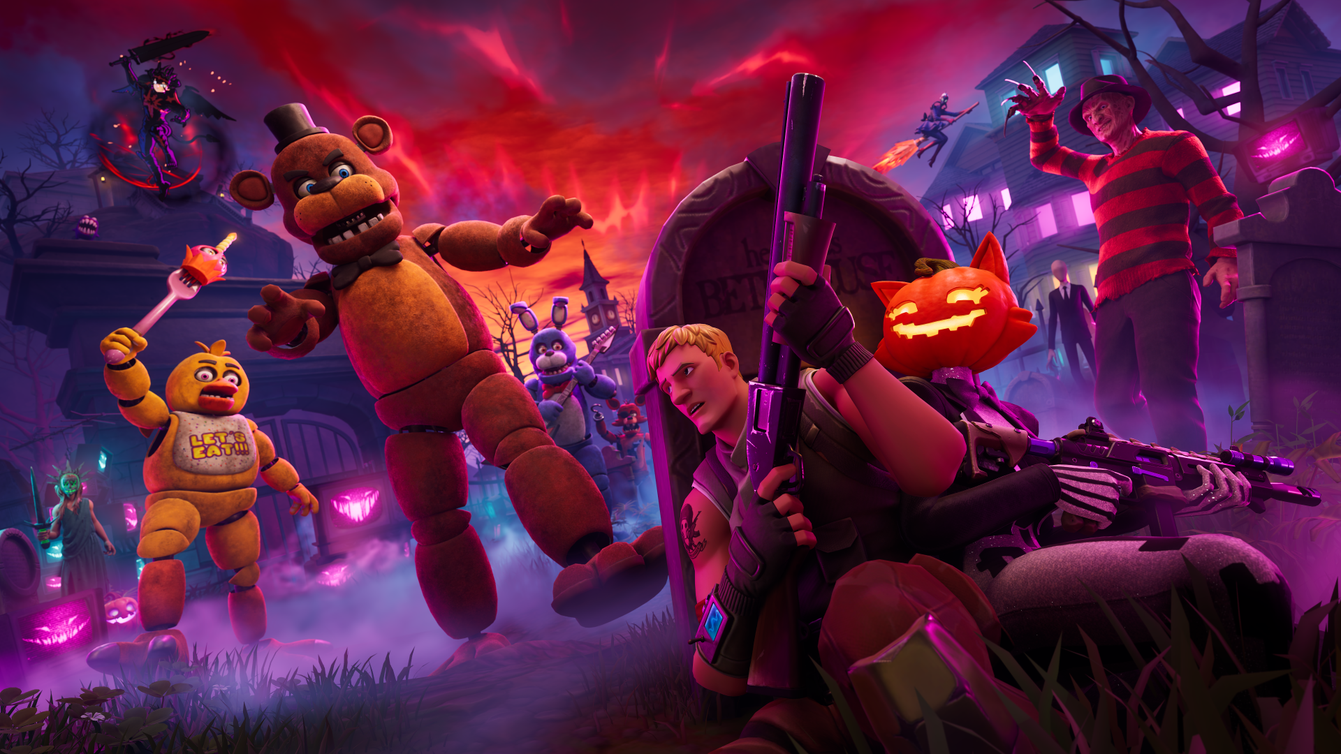 Epic’s Fortnitemares 2026 key art showing Fortnite characters, animatronics and Freddy Krueger in a haunted neighbourhood.