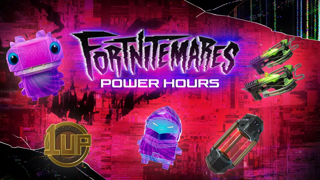 Epic’s Fortnitemares Power Hours graphic showing Dual Fiend Hunters, Sprites, a 1-Up Token and a Portable Extractor.