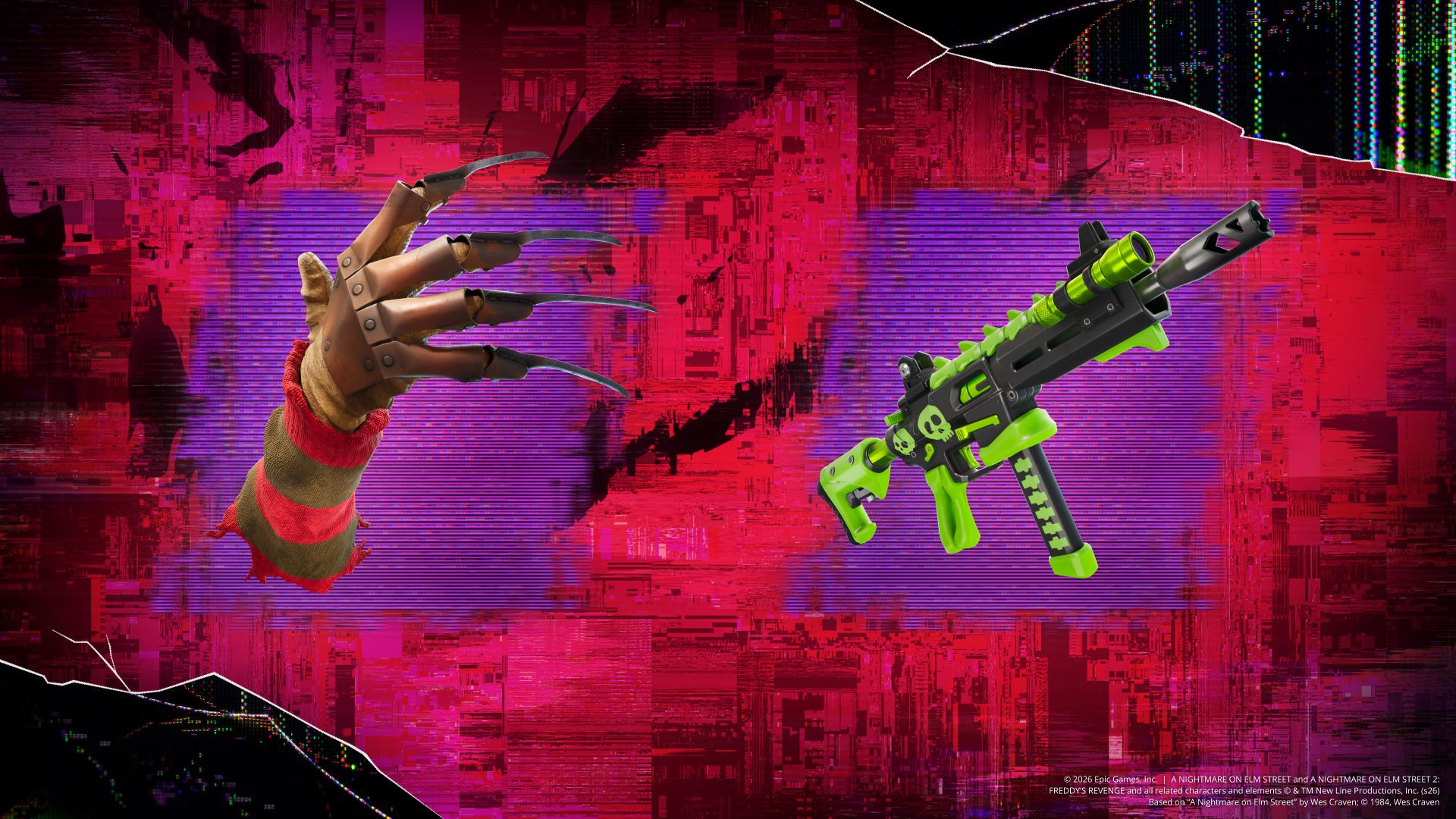 Official Fortnitemares artwork featuring Freddy’s Nightmare glove and the green Bonerattler SMG.