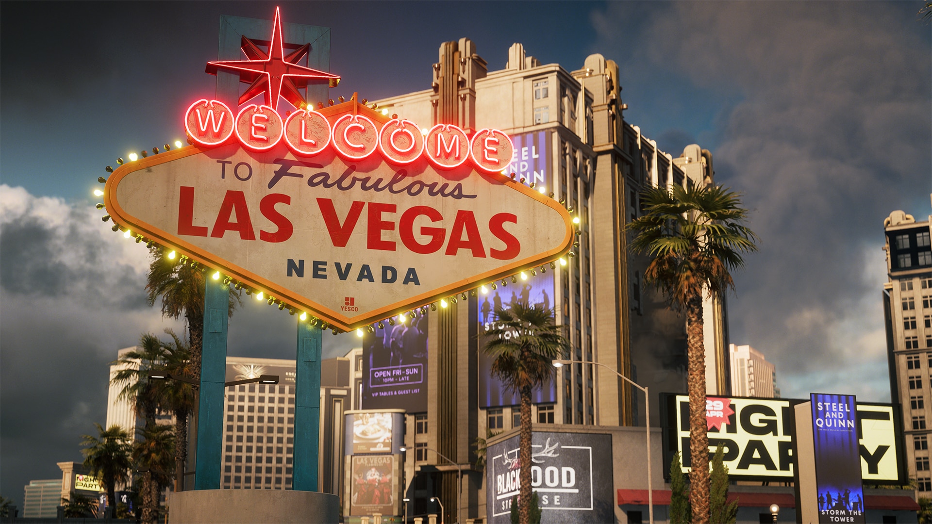 EA’s official Battlefield 6 Vegas preview: the illuminated Las Vegas sign with hotel buildings and palm trees.