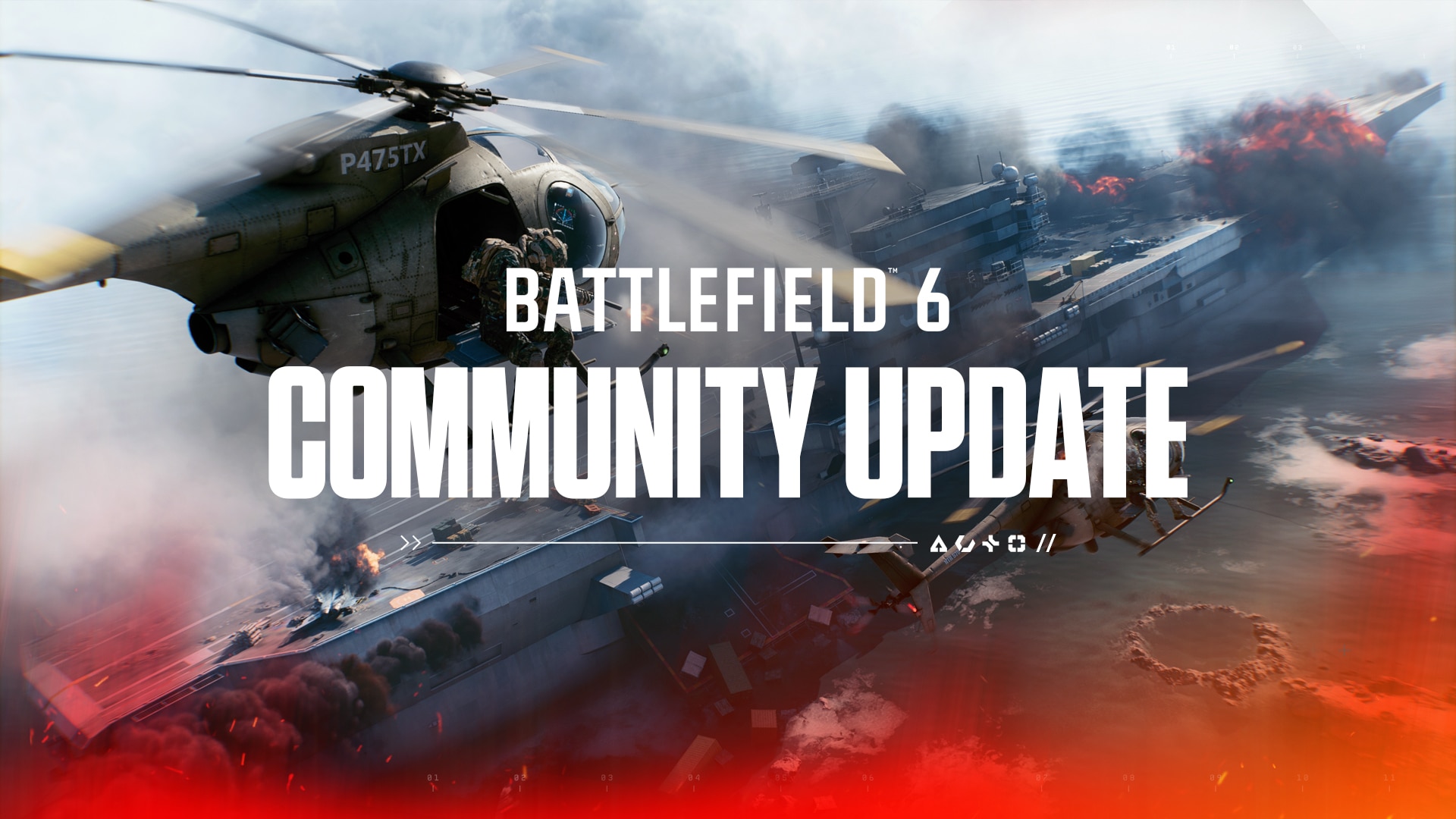 Official Battlefield community-update artwork showing helicopters beside a burning aircraft carrier.