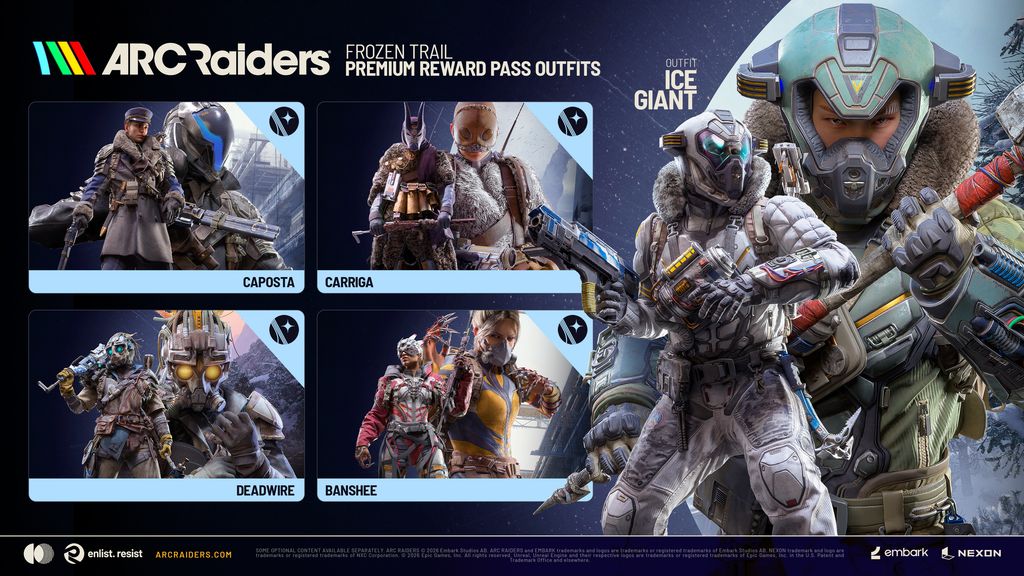Embark infographic showing Frozen Trail Premium outfit variations including Ice Giant.