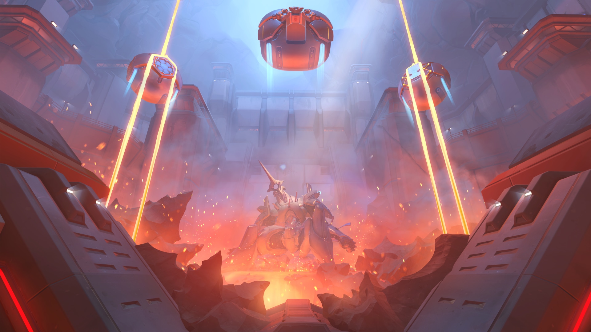 Official view inside Watchpoint: Grímsvötn, with prison structures above a glowing volcanic fissure.