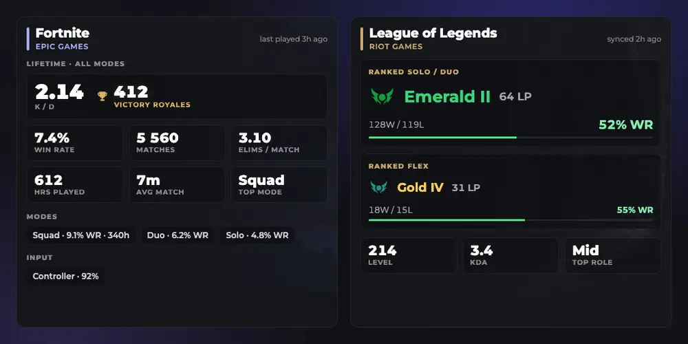 Fortnite and League of Legends cards as they appear on a listing.