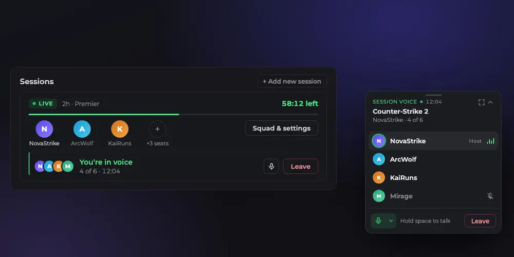 The voice room lives in the session, with the floating widget for when you scroll away.